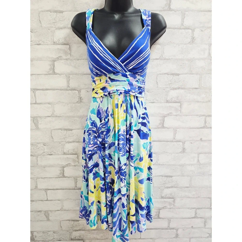 Lilly Pulitzer XS Blue White Striped Floral Tropical V-Neck Cross Back Dress - Picture 1 of 11